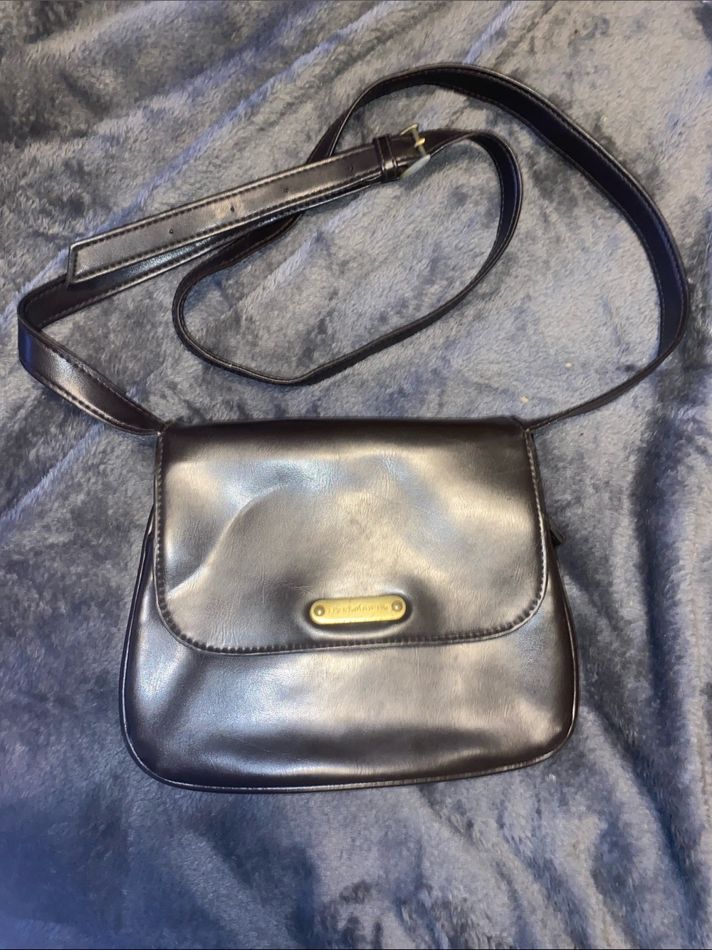 Liz Claiborne Brown Faux Leather Crossbody with Gold Plaque